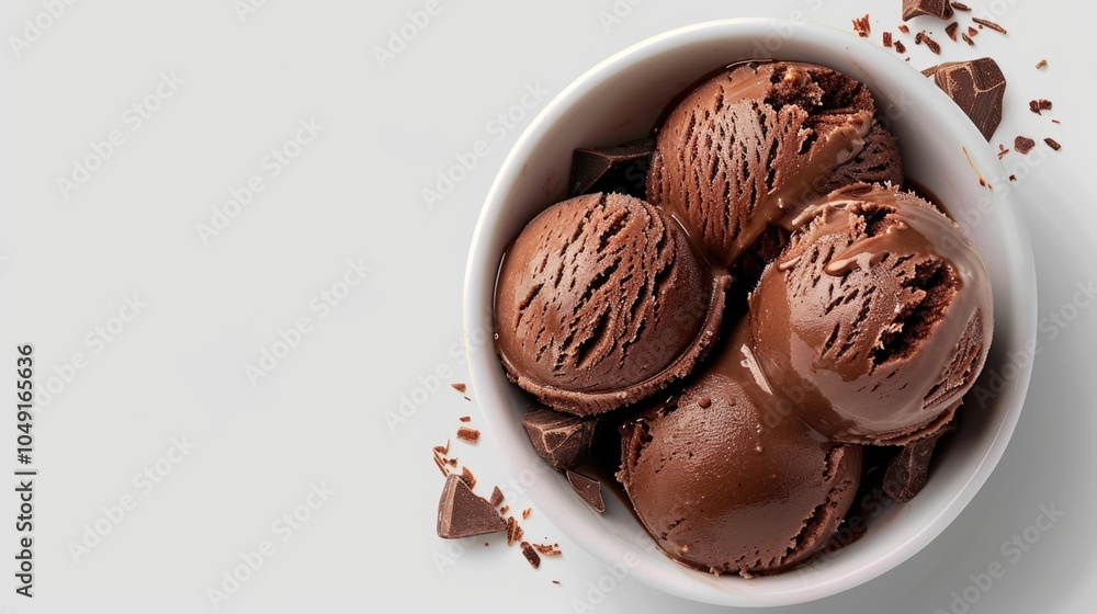 Bowl of chocolate ice cream with chocolate chips on top. The bowl is white and the ice cream is brown Bowl of chocolate ice cream with chocolate chips on top. The bowl is white and the ice cream is brown