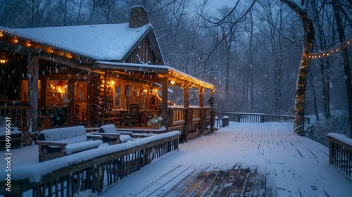 Winter restaurant lodge exterior at night snow covered wooden deck string lights hanging, cozy illuminated cabin café with outdoor seating