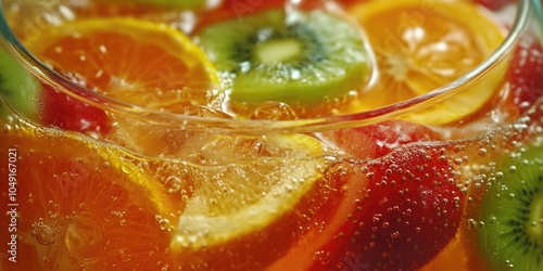 Glass bowl filled with a colorful fruit punch. The fruit punch is made with oranges, kiwis, and strawberries photo