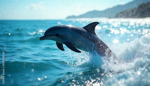 Dolphin Leaping from the Ocean with Coastal Hills in the Distance