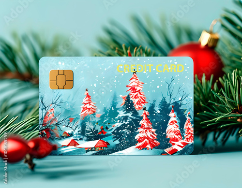 Christmas-themed credit card promoting holiday spending and financial debt photo