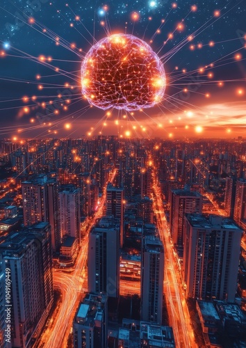 Futuristic Cityscape with Digital Brain: AI Connections, Network Technology, Urban Skyline, Neon Lights, Modern Metropolis, Tech Innovation, Night View, Digital Era, Smart City photo