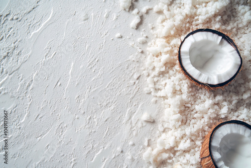 Close-up of exfoliating body scrub texture with coconut halves on a clean surface