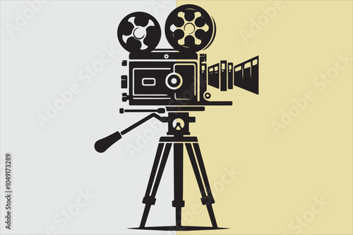 A silhouette of a vintage film camera on a tripod.