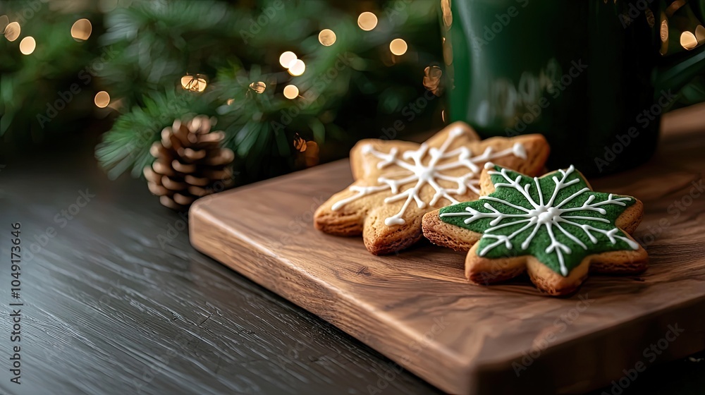 Festive cookies on a wooden board, surrounded by holiday decorations. Festive cookies on a wooden board, surrounded by holiday decorations.