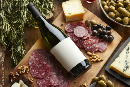 Wine bottle mockup displayed with a charcuterie board featuring cheese and cured meats