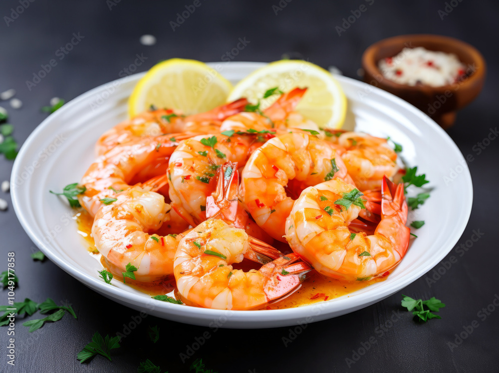 Juicy shrimp garnished with fresh parsley and lemon slices, served on a white plate with a side of seasoning, perfect for a fresh and flavorful seafood meal Juicy shrimp garnished with fresh parsley and lemon slices, served on a white plate with a side of seasoning, perfect for a fresh and flavorful seafood meal