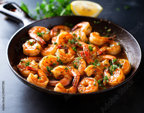 Saut?ed shrimp with fresh herbs and lemon, served in a cast-iron skillet, capturing the essence of a flavorful seafood dish for gourmet dining