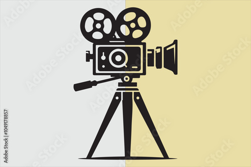 A silhouette of a vintage film camera on a tripod.