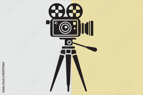 A silhouette of a vintage film camera on a tripod.