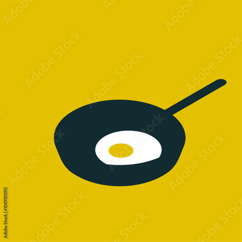 Fried egg in black pan isolated on yellow background. Minimalist and flat design vector illustration.