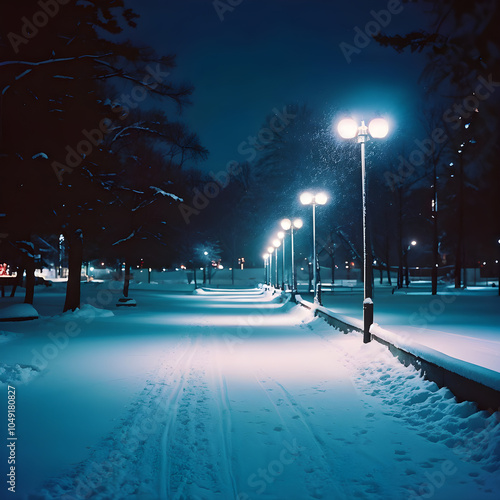 The alley of the night city park with lanterns and trees covered with snow.