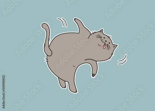 Sport. Animal, cartoon pet. Fat cat sticker. Cat doing gymnastics, yoga pose. Doodle, drawing. Background isolated.