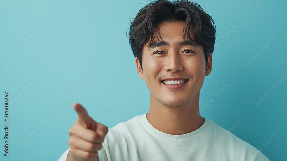 Happy young Korean male model pointing at copy space isolated on light blue background. Smiling Asian American man looking at camera, advertising promo, presenting ads shopping offer.