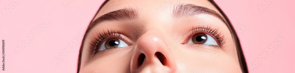 Obraz premium Woman's face in close-up, highlighting her long eyelashes and perfect skin against a vibrant pink background, perfect for beauty and cosmetics ads with plenty of space for text, banner