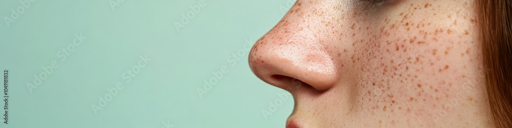 Fototapeta premium Close-up profile of a freckled caucasian woman highlighting her nose against a soft green backdrop, providing plenty of room for text or design elements, banner