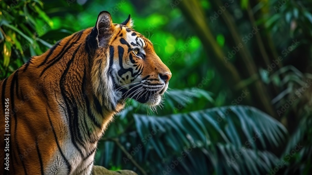 Obraz premium Indian tiger full in profile view in front of the jungle.