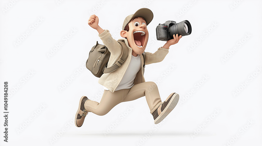 A cheerful cartoon photographer jumps with excitement while holding a camera, capturing moments with enthusiasm and joy in a bright, playful environment A cheerful cartoon photographer jumps with excitement while holding a camera, capturing moments with enthusiasm and joy in a bright, playful environment
