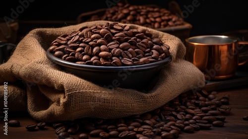 coffee beans in a bag on wooden table.