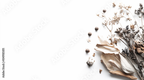 Dried Flowers on Solid White Background; Neutral Colours 