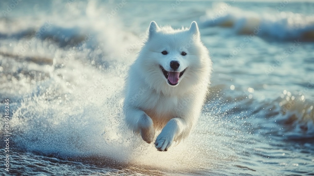 Happy Samoyed Dog Running Through Ocean Waves Happy Samoyed Dog Running Through Ocean Waves