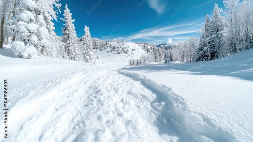A breathtaking view of a vast, untouched snowy slope stretching into the distance beneath a vibrant blue sky, bordered by frost-covered trees glistening in sunlight. A breathtaking view of a vast, untouched snowy slope stretching into the distance beneath a vibrant blue sky, bordered by frost-covered trees glistening in sunlight.