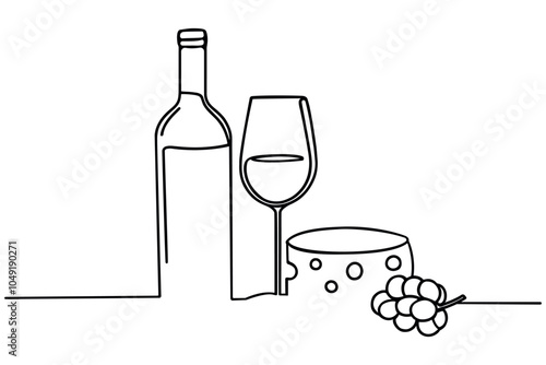 One line background cheese and vine bottle and glass. One line Continuous, vector