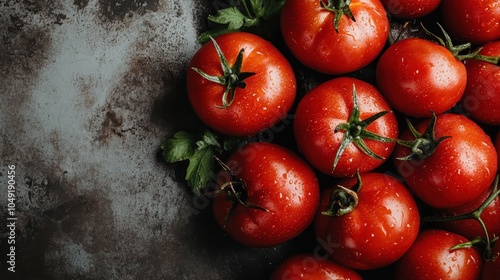 A group of fresh, ripe tomatoes artfully arranged on a textured background, complemented by sprigs of fresh herbs, conveying nature's wholesome richness. photo