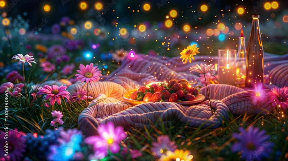Enchanted evening picnic with strawberries and candlelight in a flower meadow Enchanted evening picnic with strawberries and candlelight in a flower meadow