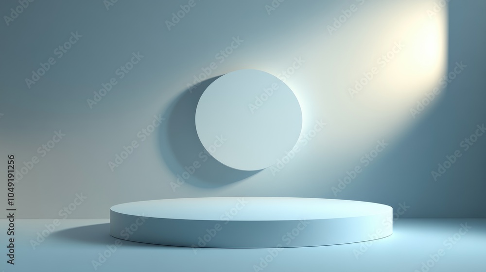 A White Circular Platform in a Light Blue Room with a Circle on the Wall A White Circular Platform in a Light Blue Room with a Circle on the Wall