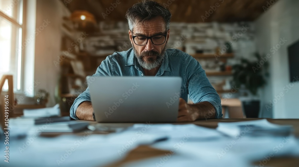 A focused man sits at a desk engrossed in his laptop surrounded by paperwork, representing professionalism and dedication in a modern working environment. A focused man sits at a desk engrossed in his laptop surrounded by paperwork, representing professionalism and dedication in a modern working environment.