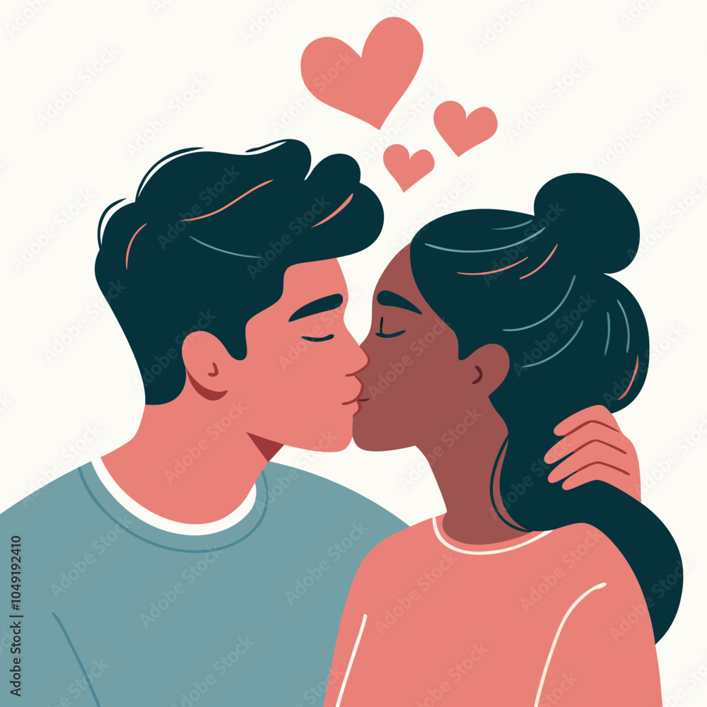 Interracial couple of young man and woman kissing. Vector flat illustration Interracial couple of young man and woman kissing. Vector flat illustration