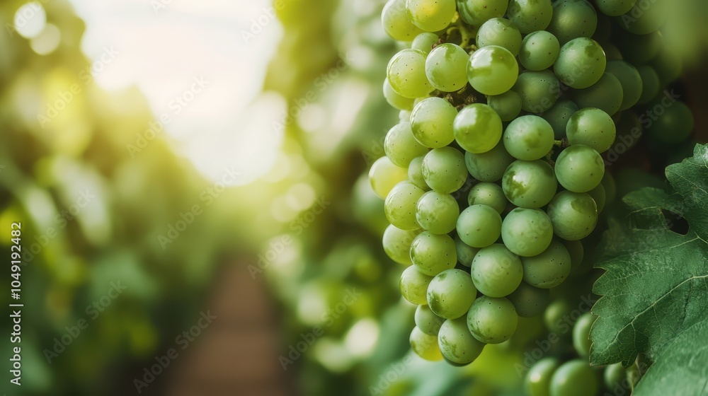A vivid image capturing clusters of fresh green grapes hanging on vines in a sunlit vineyard, embodying the abundance and vitality of nature's harvest in agriculture. A vivid image capturing clusters of fresh green grapes hanging on vines in a sunlit vineyard, embodying the abundance and vitality of nature's harvest in agriculture.