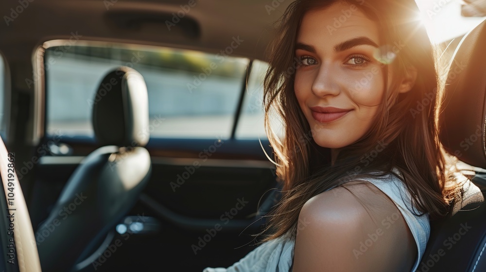 Close up portrait of a pleasant looking woman with a happy positive expression, sitting in a car. Close up portrait of a pleasant looking woman with a happy positive expression, sitting in a car.