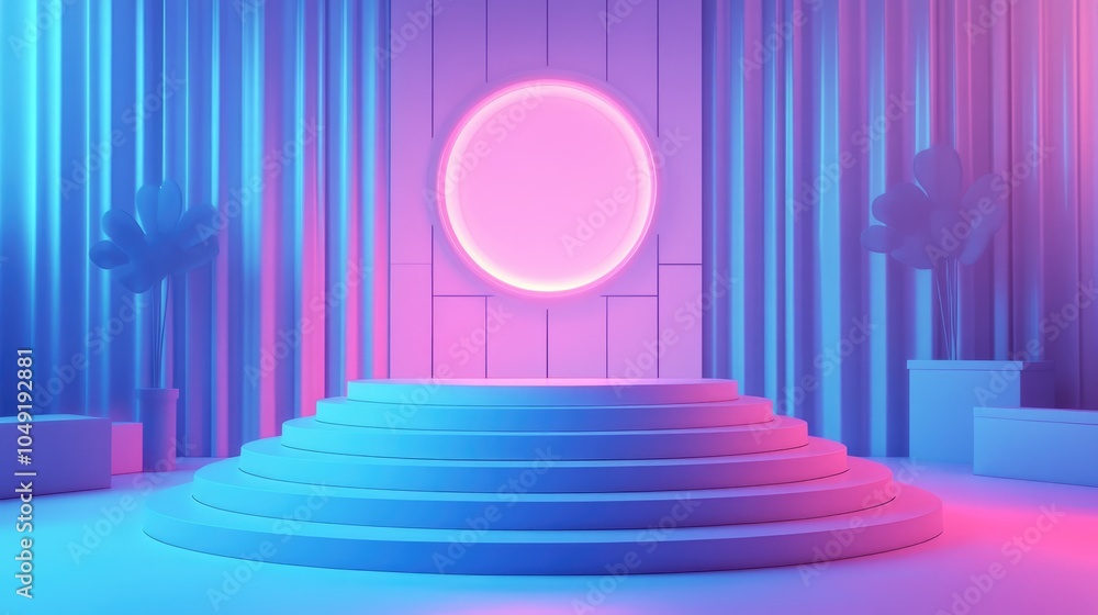 Fototapeta premium Abstract Neon Pink and Blue Minimalist Product Display with Circular Platform