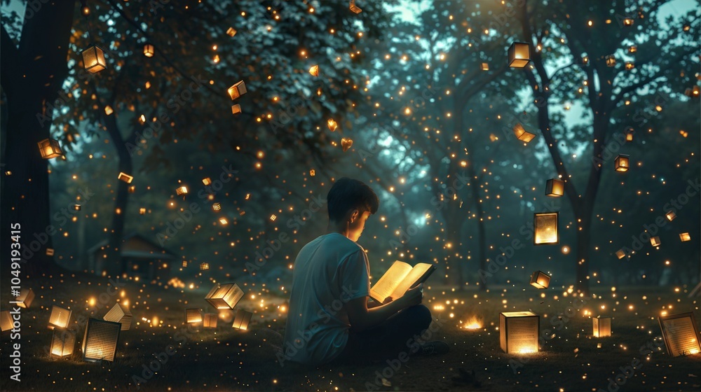 Enchanting forest reading with floating lanterns and magical atmosphere. People in the park Enchanting forest reading with floating lanterns and magical atmosphere. People in the park