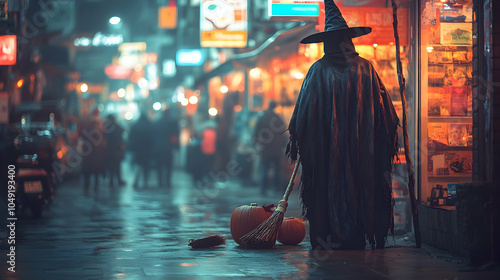 A witch in a black cloak and pointed hat stands on a city street at night, holding a broom and two pumpkins.