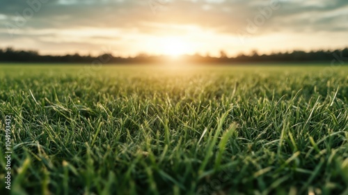 A vast, tranquil grass field illuminated by the soft, golden glow of a setting sun, capturing the peaceful essence of a serene landscape at dusk.