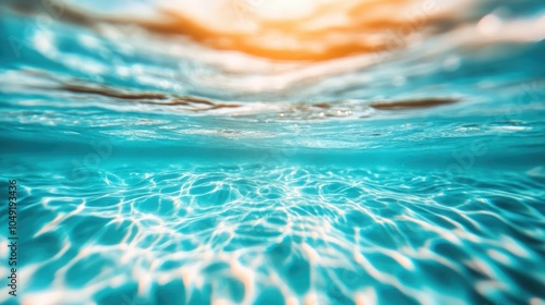 Breathtaking underwater view of clear turquoise water with sunlight playfully reflecting on the surface, creating a divine shimmering effect in an aquatic environment. photo