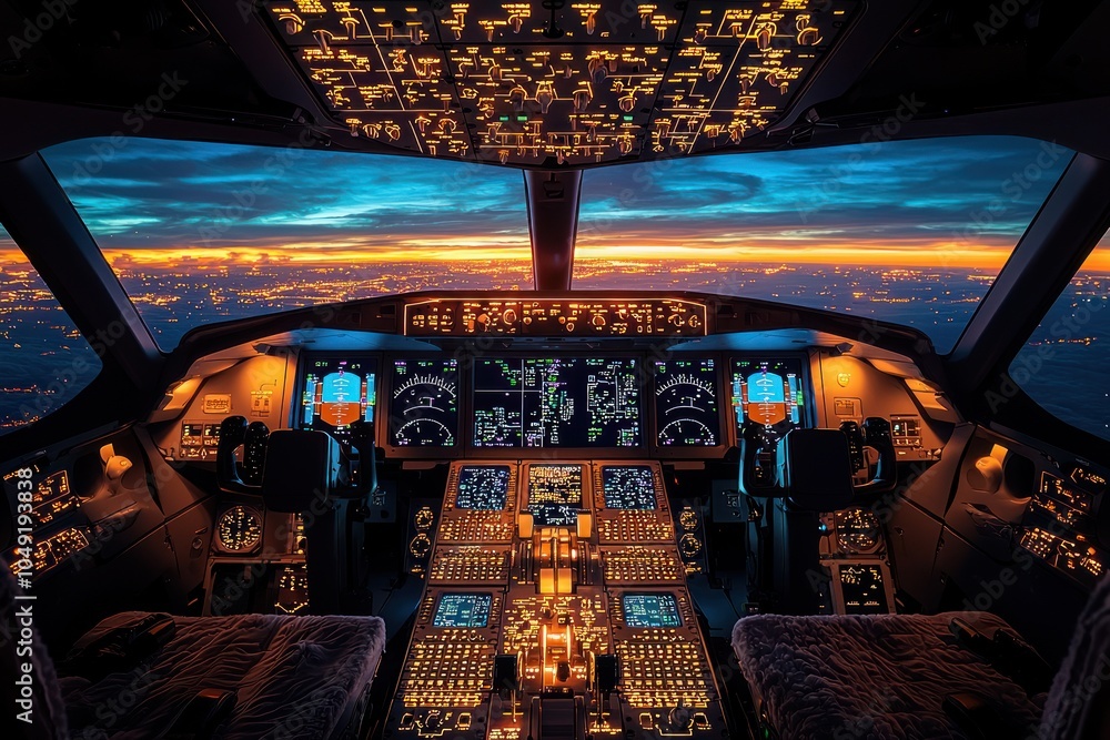 Fototapeta premium Airplane Cockpit at Sunset with City Lights Below