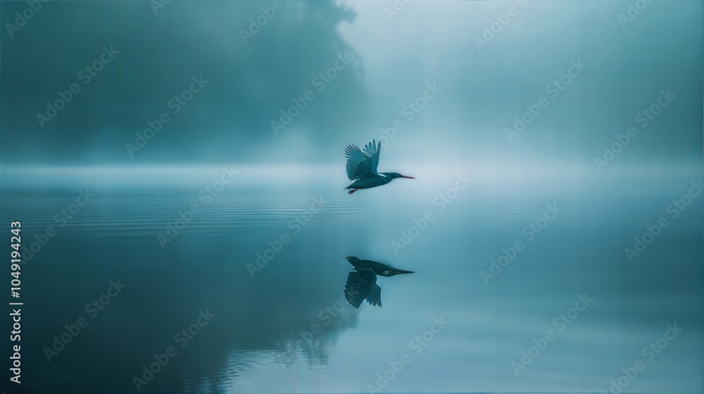 Fototapeta premium Solitary heron gliding over calm misty lake with perfect reflection