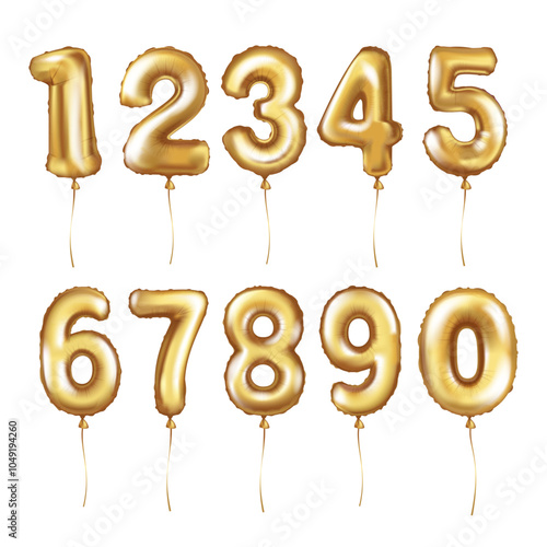 Set of gold foil latex balloons. Numbers. Helium balloon, golden. Realistic vector illustration for holiday, birthday, festival