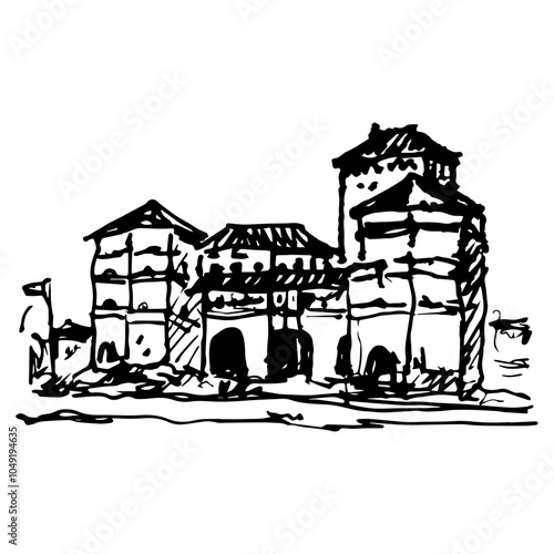 Isartor or Isar Gate in Munich, Germany. Historical medieval structure. Hand drawn linear doodle rough sketch. Black and white silhouette.