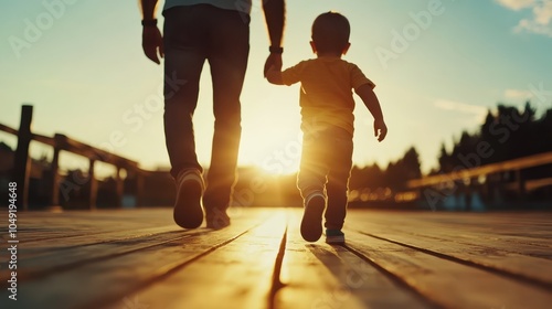 A touching scene of a father and son holding hands while walking on a boardwalk during sunset, highlighting themes of family bonding and life's journey. photo