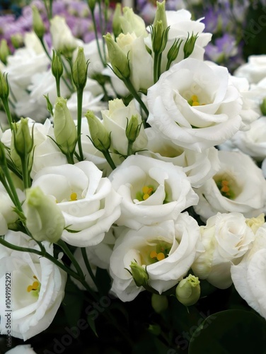 Bouquet of white lisianthus flowers blooming in a garden photo