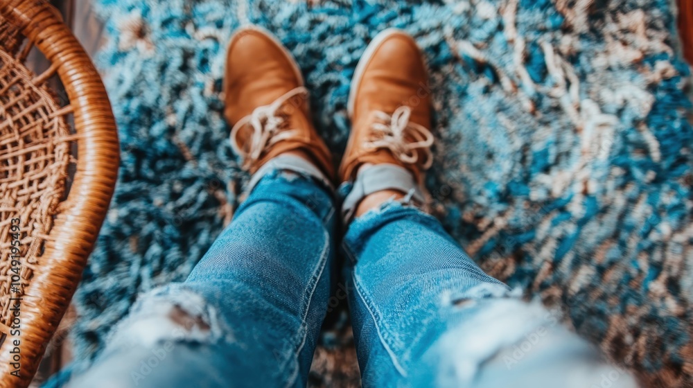 A pair of brown casual shoes and distressed jeans stand on a vibrant blue textured rug, blending casually stylish fashion with comfort in an inviting setting. A pair of brown casual shoes and distressed jeans stand on a vibrant blue textured rug, blending casually stylish fashion with comfort in an inviting setting.