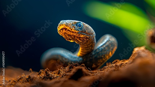 Closeup of a freshly caught eel curled in a natural spiral position within an aquatic environment  The eel s slimy scaly skin and serpentine body create an intriguing visual in this raw photo