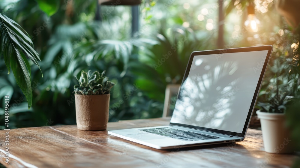 A workspace scene showcasing a modern laptop on a rustic wooden table, surrounded by lush green plants, blending technology with nature for a peaceful work setting. A workspace scene showcasing a modern laptop on a rustic wooden table, surrounded by lush green plants, blending technology with nature for a peaceful work setting.
