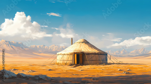 A traditional nomadic yurt stands alone in the vast desert landscape. Nomadic Tents. Illustration