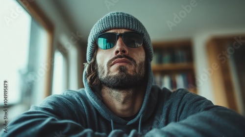 A trendy man wearing sunglasses and a beanie exudes coolness and style while basking in the sunlight, showcasing a modern and urban fashion look. photo